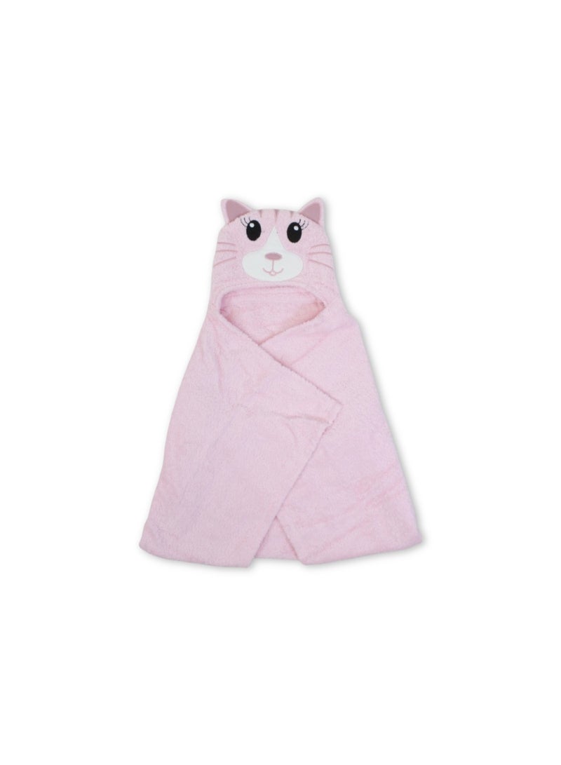 Junior Cotton Baby Hooded Towel – Pink with Cat Design - Image 1