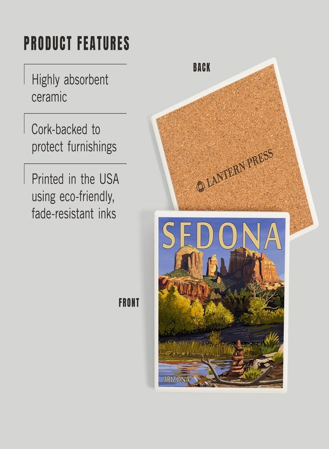 Lantern Press Sedona, Arizona, Cathedral Rock and Cairn (Absorbent Ceramic Coaster, Single, Cork Back, Kitchen Table Decor) - Image 3