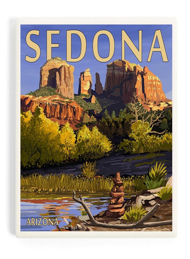 Lantern Press Sedona, Arizona, Cathedral Rock and Cairn (Absorbent Ceramic Coaster, Single, Cork Back, Kitchen Table Decor) - Image 1