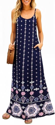 Supnier Women Maxi Long Summer Flowy Boho Dresses Sexy V Neck Spaghetti Strap Sleeveless Long Floral Maxi Dress(M,Navy Blue Floral) - Image 1