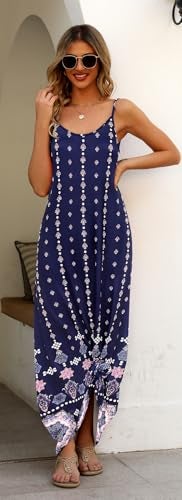 Supnier Women Maxi Long Summer Flowy Boho Dresses Sexy V Neck Spaghetti Strap Sleeveless Long Floral Maxi Dress(M,Navy Blue Floral) - Image 4