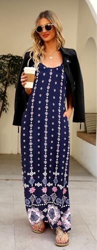 Supnier Women Maxi Long Summer Flowy Boho Dresses Sexy V Neck Spaghetti Strap Sleeveless Long Floral Maxi Dress(M,Navy Blue Floral) - Image 2