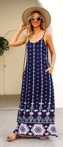 Supnier Women Maxi Long Summer Flowy Boho Dresses Sexy V Neck Spaghetti Strap Sleeveless Long Floral Maxi Dress(M,Navy Blue Floral) - Image 5