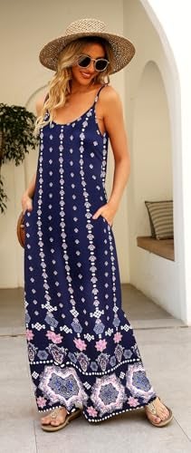 Supnier Women Maxi Long Summer Flowy Boho Dresses Sexy V Neck Spaghetti Strap Sleeveless Long Floral Maxi Dress(M,Navy Blue Floral) - Image 3