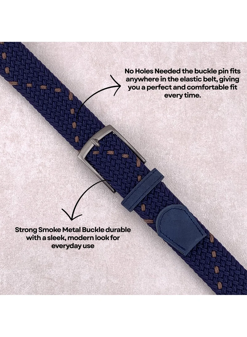 Classic Milano Blue (DWE-316) Classic Milano Braided Cotton Elastic Stretch Belt for Men & Women, Woven Canvas Web Belt with Gift Box, Adjustable Men's Belt | Full Length: 110CM (Free Size - Fits up to the waist of 40 Inches / 100 CM)  | Best Price UAE
