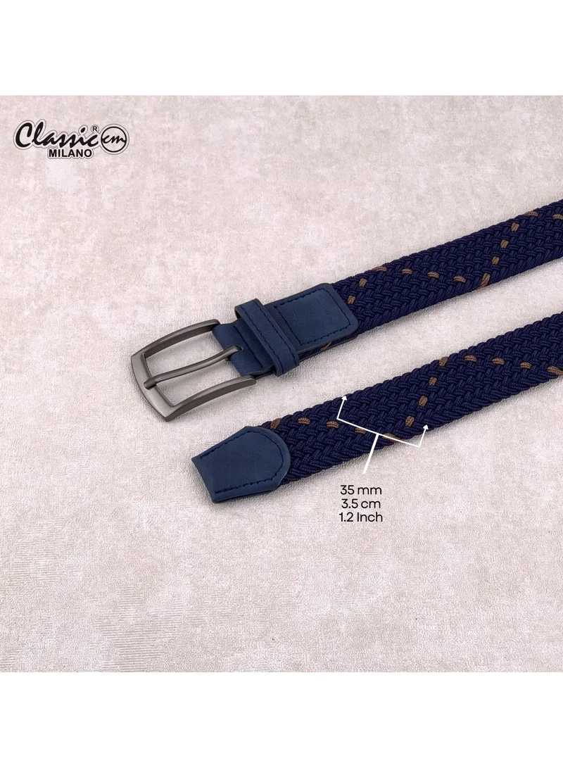 Classic Milano Blue (DWE-316) Classic Milano Braided Cotton Elastic Stretch Belt for Men & Women, Woven Canvas Web Belt with Gift Box, Adjustable Men's Belt | Full Length: 110CM (Free Size - Fits up to the waist of 40 Inches / 100 CM)  | Best Price UAE