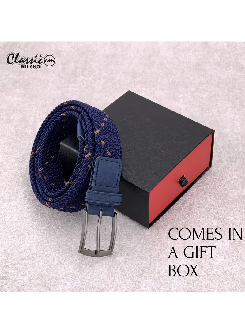 Classic Milano Blue (DWE-316) Classic Milano Braided Cotton Elastic Stretch Belt for Men & Women, Woven Canvas Web Belt with Gift Box, Adjustable Men's Belt | Full Length: 110CM (Free Size - Fits up to the waist of 40 Inches / 100 CM)  | Best Price UAE