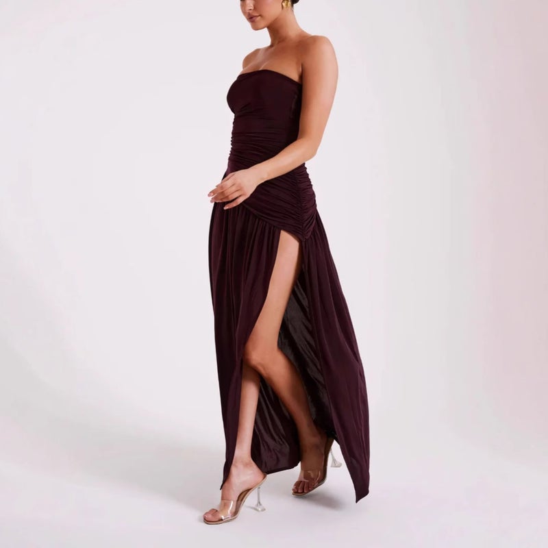 Women's Brown Slim Fit Off-Shoulder A-Line Maxi Dress with Slit