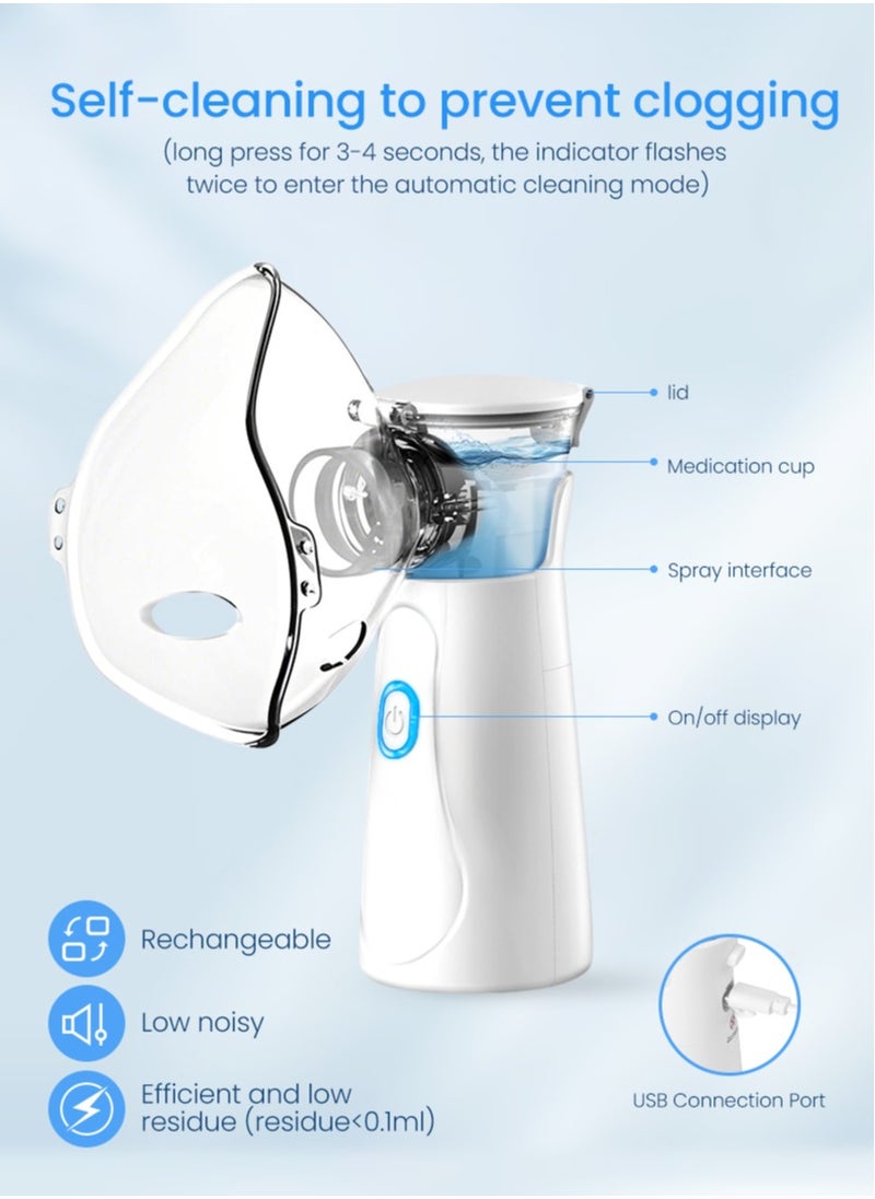 Portable Nebulizer for Adults and Kids, USB-C Rechargeable Handheld Nebulizer, 3 Masks, Travel and Home Use, White