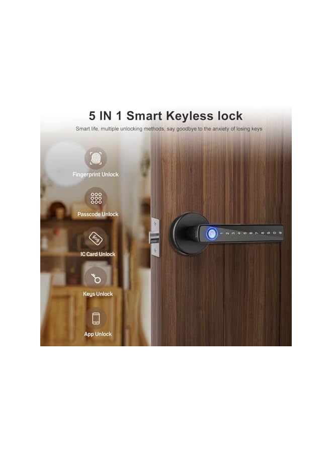 Smart Door Lock with Handle, Keyless Entry via Bluetooth, Tuya APP, 5-IC Cards, Codes, Keys, and Biometric Fingerprint for Home, Apartment, Office, Hotel, Bedroom (CS09) - Image 2
