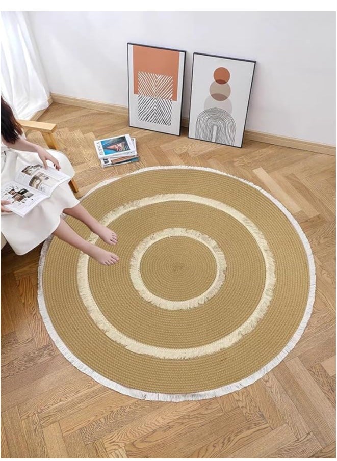 HOME TASTE TOMSUN Handwoven Round Jute Rug Natural Beige Circular Area Mat with Fringed Edge  - Image 3