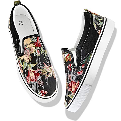 XRH Women's Slip on Shoes Fashion Canvas Sneakers Low Top Casual Shoes Non Slip Loafers (Black Embroidery, US5) - Image 1
