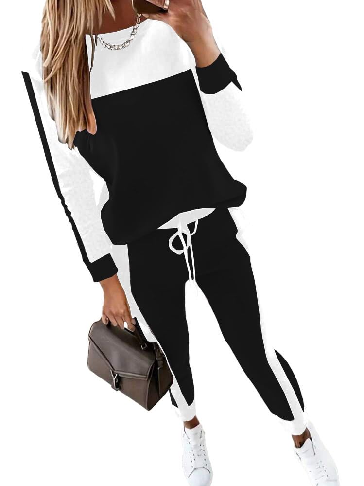 HBQ Womenâ€˜s Color Block 2 Piece Outfits Casual Travel Sweatsuits Lounge Sets 2025 Fall Fashion-Stripe-XXL - Image 1