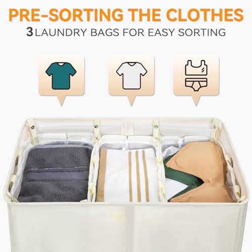 WOWLIVE Laundry Hamper with Lid,160L Large Laundry Basket 3 Section with Removable Washing Bags,Collapsible Waterproof Dirty Clothes Hamper for Laundry Room Bathroom Dorm,Beige - Image 4