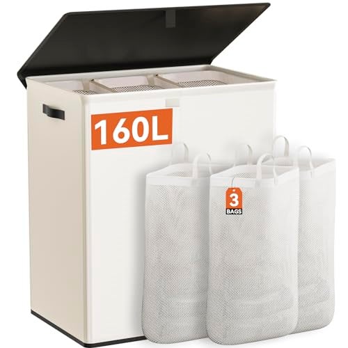 WOWLIVE Laundry Hamper with Lid,160L Large Laundry Basket 3 Section with Removable Washing Bags,Collapsible Waterproof Dirty Clothes Hamper for Laundry Room Bathroom Dorm,Beige - Image 1