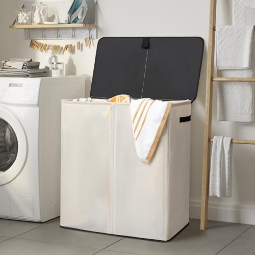 WOWLIVE Laundry Hamper with Lid,160L Large Laundry Basket 3 Section with Removable Washing Bags,Collapsible Waterproof Dirty Clothes Hamper for Laundry Room Bathroom Dorm,Beige - Image 2