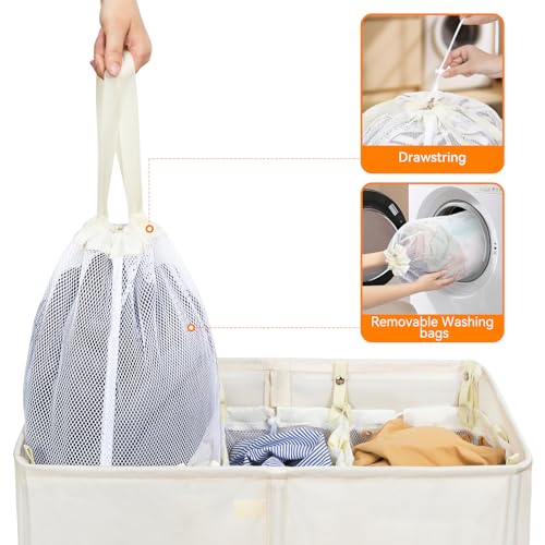 WOWLIVE Laundry Hamper with Lid,160L Large Laundry Basket 3 Section with Removable Washing Bags,Collapsible Waterproof Dirty Clothes Hamper for Laundry Room Bathroom Dorm,Beige - Image 5