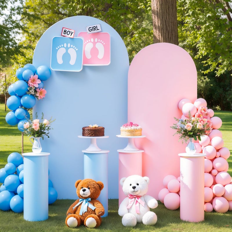 Suppromo Pink and Blue Arch Cover 2 Set- 7.2 and 6ft Gender Reveal Arch Backdrop Cover Spandex Arch Stand Covers for Baby Shower Boys or Girls Birthday Party Banquet Photo Background Decorations - Image 1