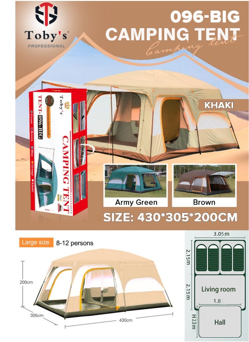 Toby's - Toby’s New 8-12 person double layer outdoor camping tent two bedrooms and a living room family cabin (Khaki) - Image 1