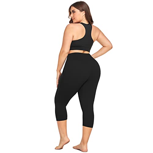 MOREFEEL Capri Plus Size Leggings for Women with Pockets-Stretchy XL-4XL Tummy Control High Waist Workout Black Yoga Pants - Image 2