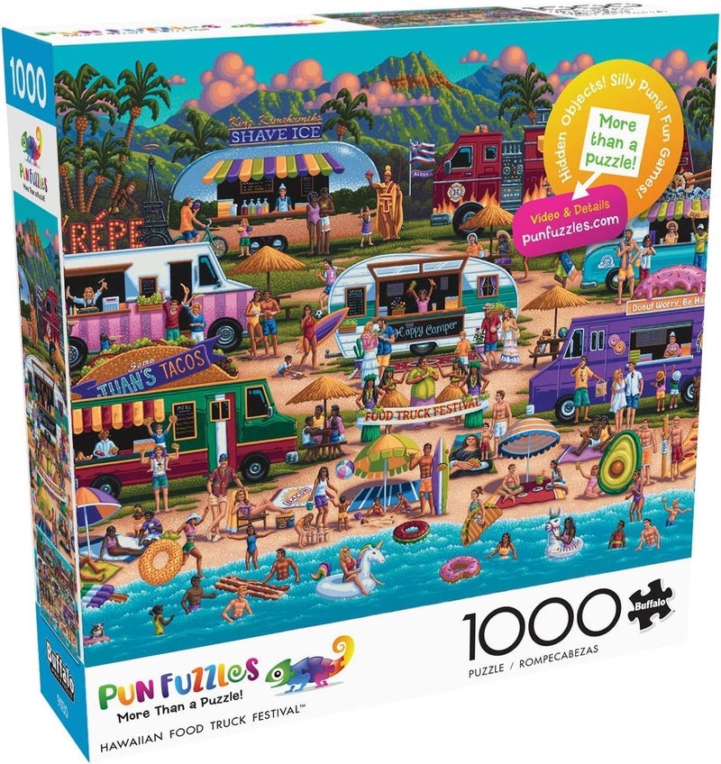 Buffalo Games - Pun Fuzzles - Hawaiian Food Truck Festival - 1000 Piece Jigsaw Puzzle For Adults -Challenging Puzzle Perfect for Game Nights - Finished Size is 26.75 x 19.75 - Image 1