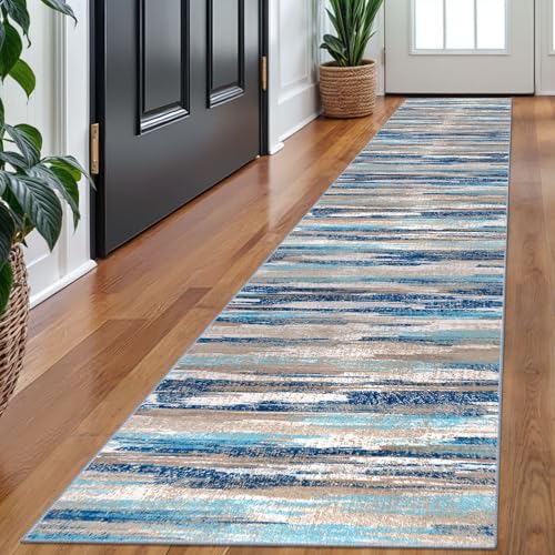Lansny Modern Abstract Runner Rug 2x10, Blue Washable Long Kitchen Non-Slip Soft Hallway Thin Print Faux Wool Carpet for Entryway Bedroom Laundry Room Indoor Home Decor - Image 1