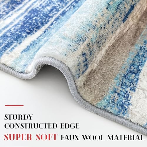 Lansny Modern Abstract Runner Rug 2x10, Blue Washable Long Kitchen Non-Slip Soft Hallway Thin Print Faux Wool Carpet for Entryway Bedroom Laundry Room Indoor Home Decor - Image 5