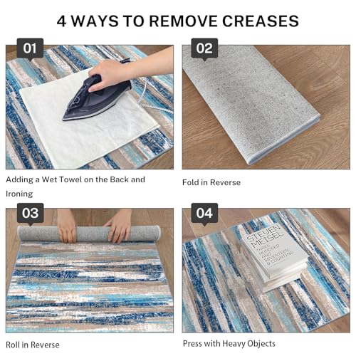 Lansny Modern Abstract Runner Rug 2x10, Blue Washable Long Kitchen Non-Slip Soft Hallway Thin Print Faux Wool Carpet for Entryway Bedroom Laundry Room Indoor Home Decor - Image 4