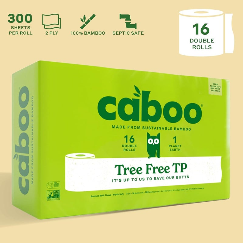 CABOO Tree Free Toilet Paper, Septic Safe Bath Tissue, Soft 2 Ply Sheets, 300 Sheets Per Roll, 16 Double Rolls - Image 2
