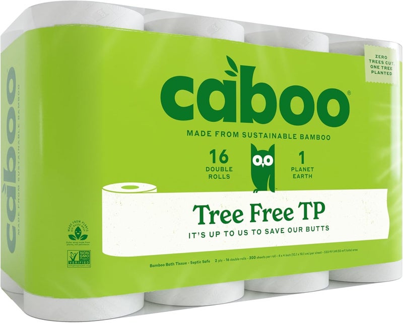 CABOO Tree Free Toilet Paper, Septic Safe Bath Tissue, Soft 2 Ply Sheets, 300 Sheets Per Roll, 16 Double Rolls - Image 1