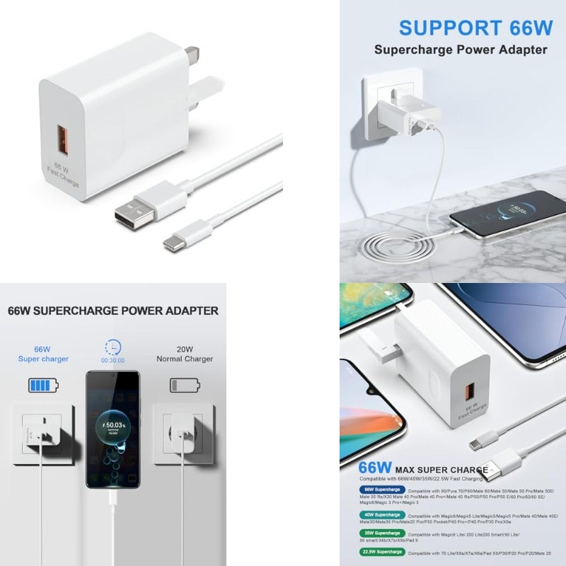 66W SuperCharge USB C Power Adapter with 6A Fast Charging Cable Compatible with Honor X9c X5b X7b Magic6 7 Lite Pad X9 9 Huawei Phones Tablets - Image 1