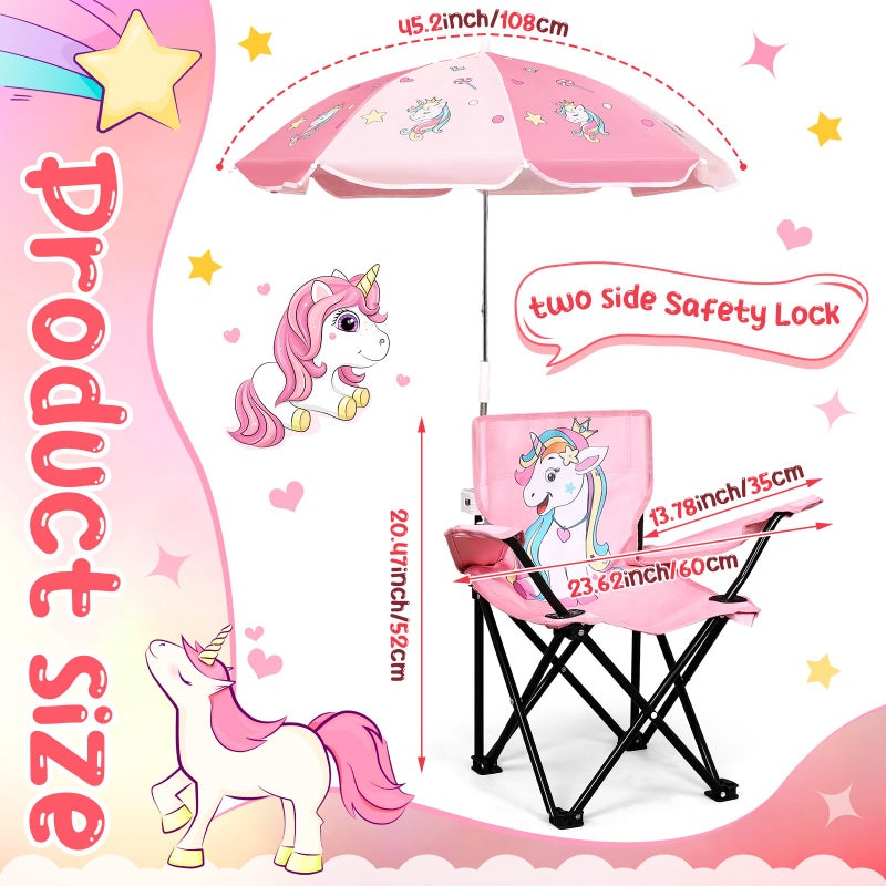 Burbell Outdoor Toddler Camping Chair with Umbrella Foldable Beach Chairs with Safety Lock for Kids Waterproof Lawn Kids Folding Chair for Outside Beach Travel(Unicorn) - Image 2