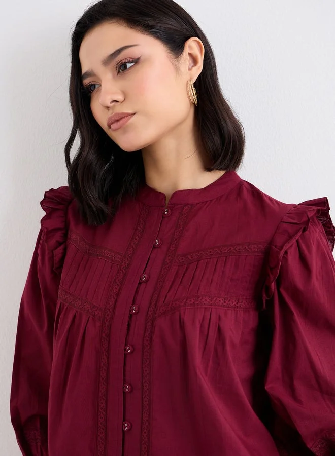 Styli Burgundy Styli Burgundy Ruffled Blouse with Lace Detail for Women | Best Price UAE