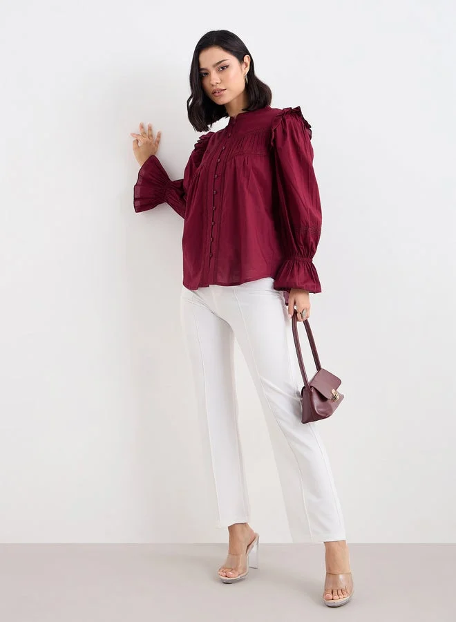 Styli Styli Burgundy Ruffled Blouse with Lace Detail