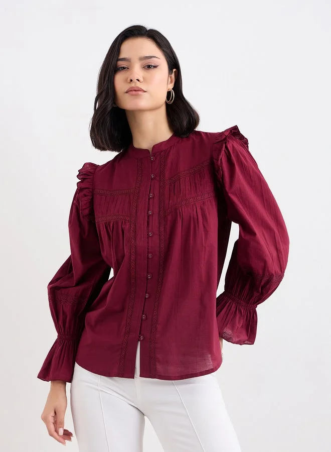 Styli Styli Burgundy Ruffled Blouse with Lace Detail