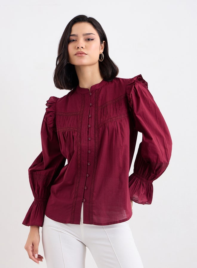 ستايلي بلوزة ستايلي بورغندي مكشكشة بتفاصيل دانتيل - Image 1