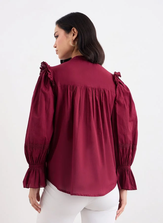 Styli Burgundy Styli Burgundy Ruffled Blouse with Lace Detail for Women | Best Price UAE