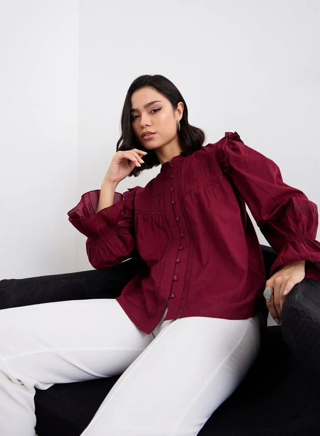 Styli Burgundy Styli Burgundy Ruffled Blouse with Lace Detail for Women | Best Price UAE