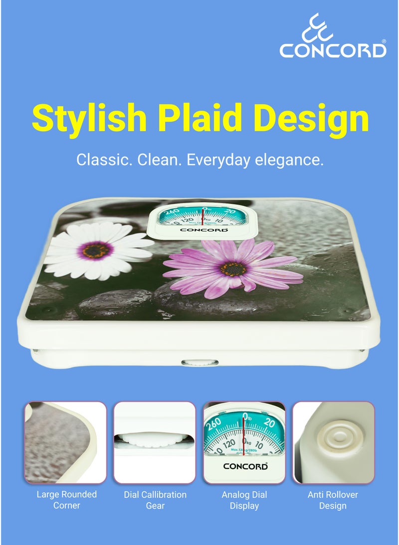 CONCORD Mechanical Personal Scale with Analog Display, No Battery Needed, Capacity upto 130kg, Dial Calibration Gear, Bathroom Human Weighing Scale, Available in Different Colors - Image 5