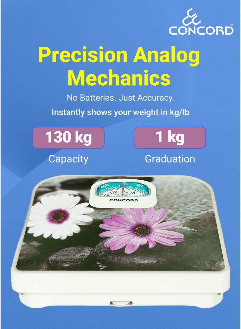 CONCORD Mechanical Personal Scale with Analog Display, No Battery Needed, Capacity upto 130kg, Dial Calibration Gear, Bathroom Human Weighing Scale, Available in Different Colors - Image 3