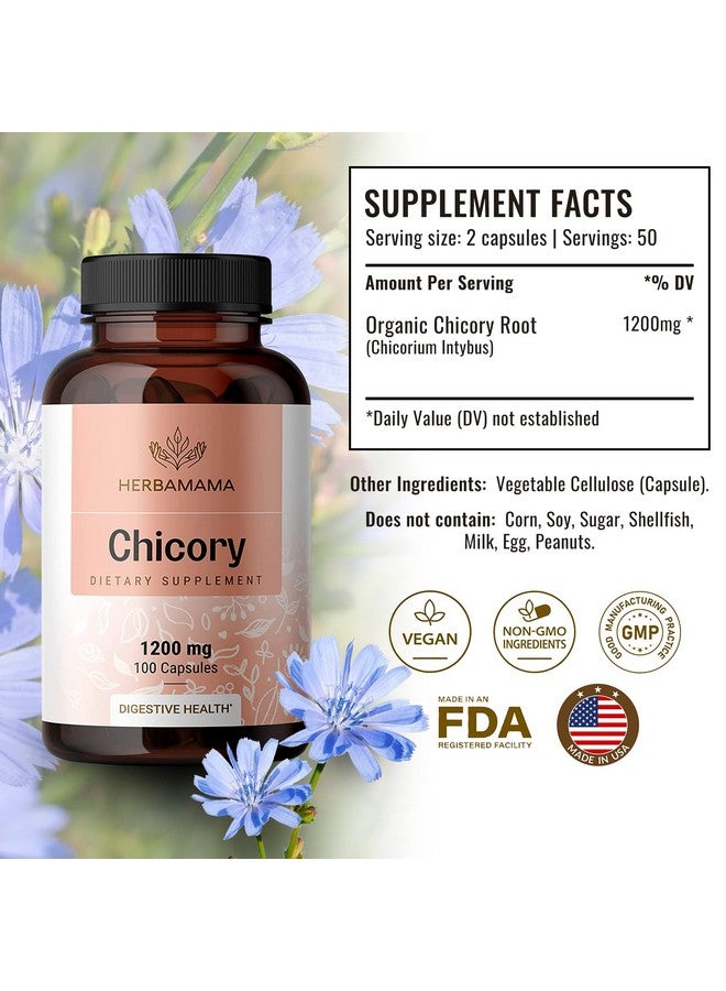 HERBAMAMA Organic Chicory Root Supplement Supports Digestion Gut Health Liver & Colon Function W/Inulin A Prebiotic Fiber Supplement Brain & Immune Booster Nongmo 100 Capsules - Image 3