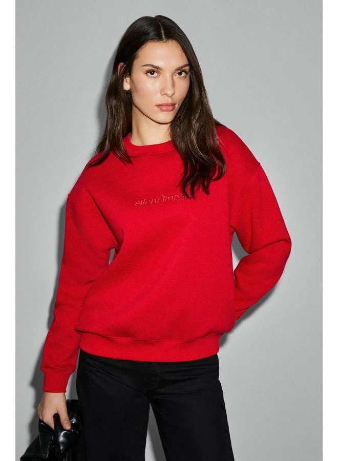 GRIMELANGE MOTION Women's Organic Cotton Lined with Fleece Round Neck Patch Detailed Oversized Red Sweatshirt.
