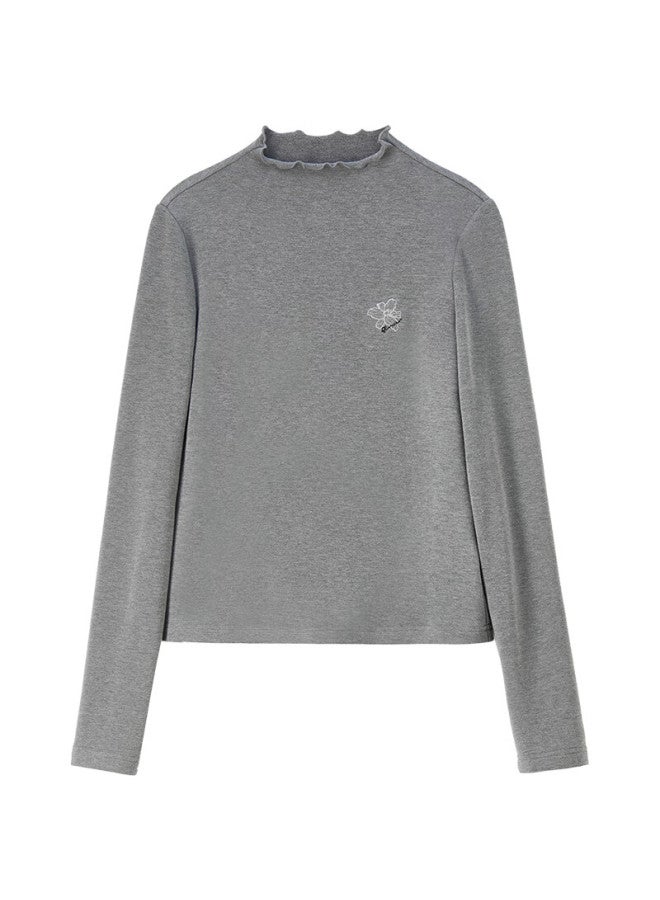 Sentubila Iris Embroidered Cotton Blend Thermal Fleece Half Turtleneck Slim Fit Stretch Knit Top For Women Autumn - Image 2