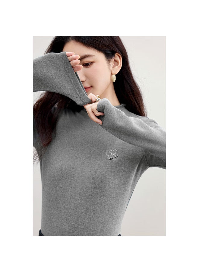 Sentubila Iris Embroidered Cotton Blend Thermal Fleece Half Turtleneck Slim Fit Stretch Knit Top For Women Autumn - Image 1