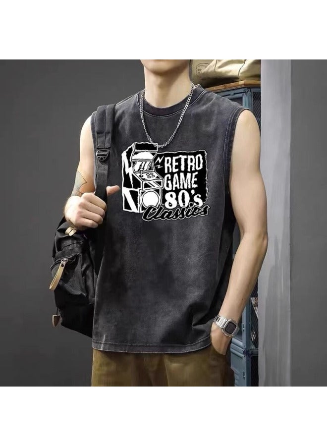 American Retro Vintage Washed Sleeveless T-shirt For Men, Summer Loose Oversized Tank Top, Breathable And Sweat-wicking Printed T-shirt