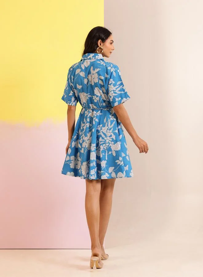 sanskrutihomes Sanskrutihomes Blue Floral Print Collared Cotton A-Line Mini Dress