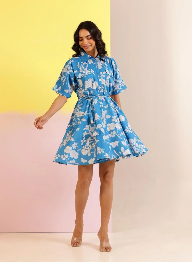 sanskrutihomes Sanskrutihomes Blue Floral Print Collared Cotton A-Line Mini Dress