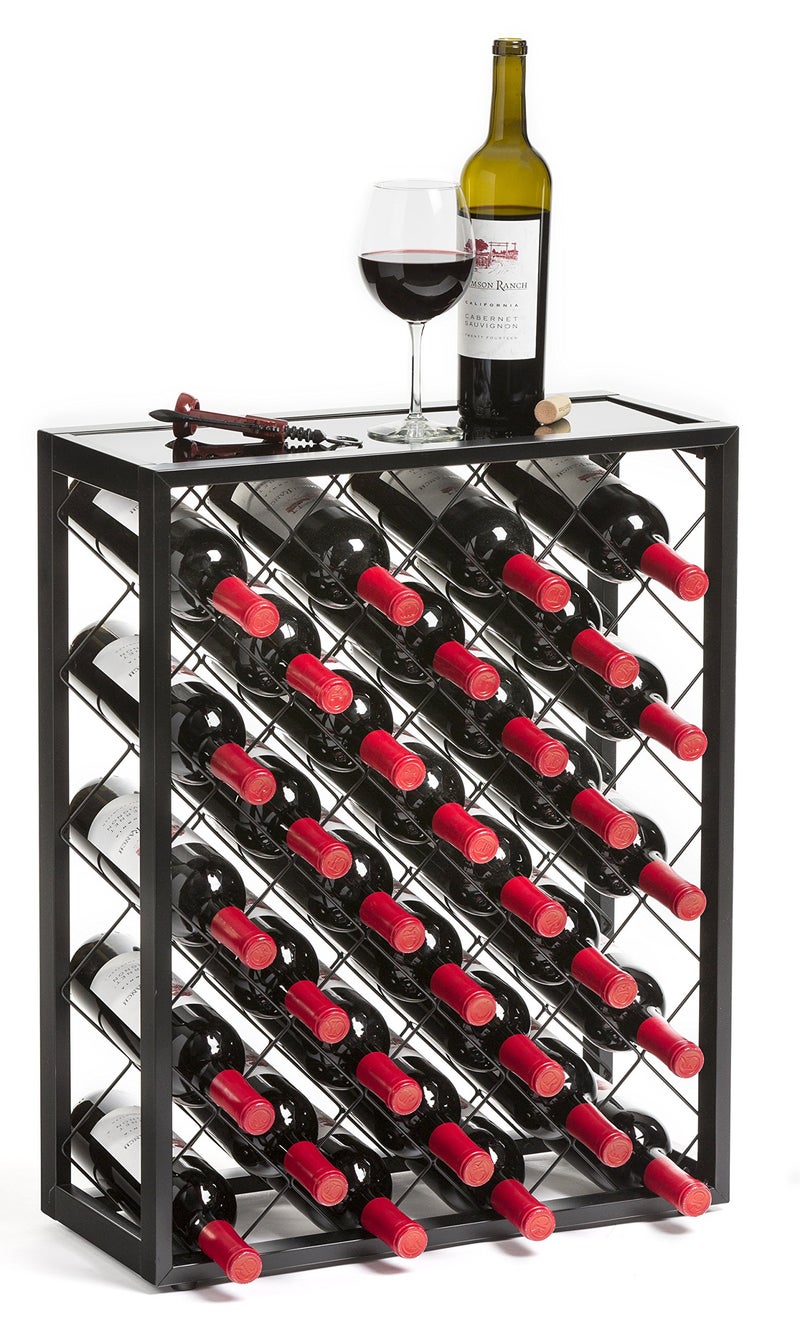 Mango Steam 32 Bottle Wine Rack with Black Glass Top Shelf Free Standing for Home Kitchen and Bar
