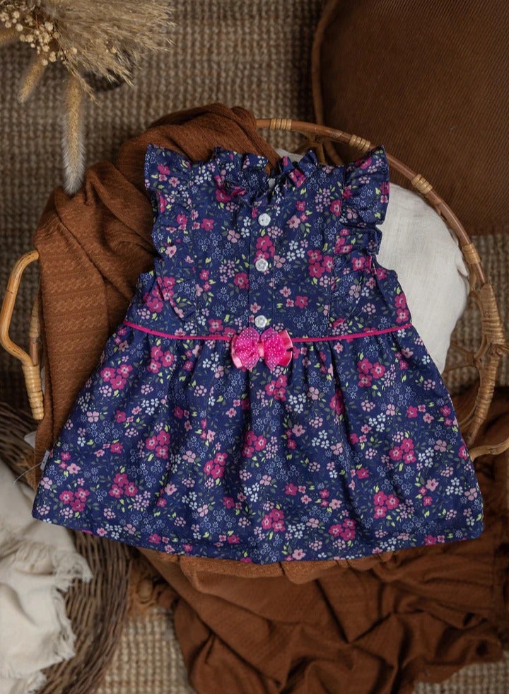 Baby Girl's Navy Floral Print Dress with Ruffles and Pink Bow, Summer Cotton Frock 