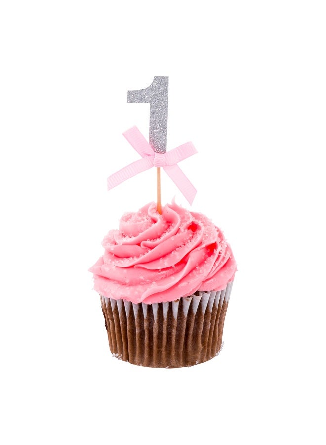 Restaurantware 3.5 x 1.5 Inch Cupcake Toppers, 100 Glitter Number 1 Cake Toppers - With Bow, For Parties, Anniversaries, Or Baby Showers, Silver Paper Birthday Cake Toppers, Pastry Decorations - Image 2